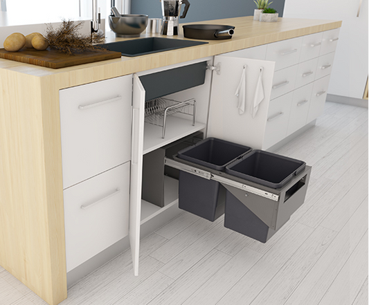 Tanova NZ Simplex Base Mounted Pull Out Kitchen Bin - 300mm and 350mm Cabinet Handle Type – 2 x 12Litre ,2 x 15Litre Grey