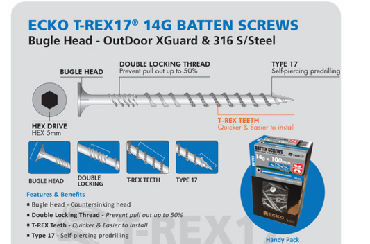 Ecko Batten Screw XGuard - Galvanized (outdoor) T-REX17 14Gx50,60,75, 90,100,125,150,200mm Pack of 100
