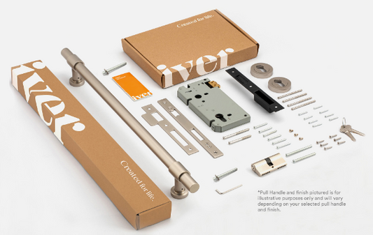 Iver Sarlat Pull Handle 17102 Centre to Centre 600mm Brushed Gold PVD - Pull Handle Single ,Entrance Kit Thumb 5 Pin and Entrance Dual Function 5 Pin