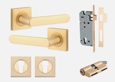 Iver Osaka Door Lever 21186 Square Rose Backplate Brushed Brass - Passage ,Privacy & Entrance
