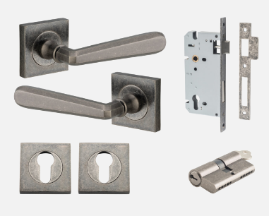 Iver Copenhagen Door Lever 21197 Square Rose Backplate Distressed Nickel - Passage ,Privacy & Entrance