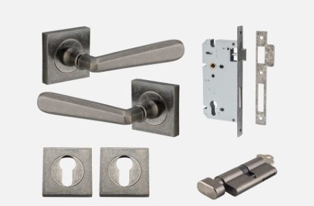 Iver Copenhagen Door Lever 21197 Square Rose Backplate Distressed Nickel - Passage ,Privacy & Entrance