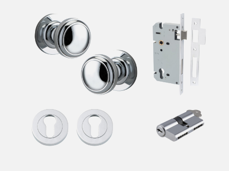 Iver Paddington Door Knob 0214 Round Rose Polished Chrome - Passage kit , privacy kit & Entrance Kit (Dual Function 5 pin and Key Thumb 6 Pin)