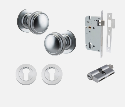 Iver Paddington Door Knob 0215 Round Rose Brushed Chrome - Passage kit , privacy kit & Entrance Kit (Dual Function 5 pin and Key Thumb 6 Pin)