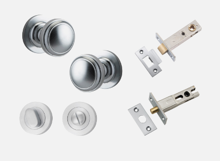 Iver Paddington Door Knob 0215 Round Rose Brushed Chrome - Passage kit , privacy kit & Entrance Kit (Dual Function 5 pin and Key Thumb 6 Pin)