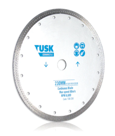 Tusk Heavy Duty Continuous Tile Blades - 180mm x 1.6/1.2 x 10 x 25.4 with big bore ,200mm x 1.8/1.2 x 10 x 25.4 ,230mm x 1.6/1.2 x 10 x 22.23 & 230mm x 1.6/1.2 x 10 x 30