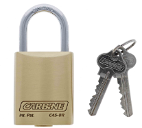 Carbine Australia C45 Brass Padlock, 8mm x 50mm x 45mm , 6.35mm x 30mm x 45mm & 8mm x75mm x 45mm Molybdenum Alloy Shackle Keyed to Differ Boxed Single And Bulk model  Brushed brass