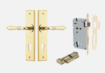 Iver Sarlat Door Lever 10280 Chamfered Backplate Polished Brass - Passage ,Privacy & Entrance