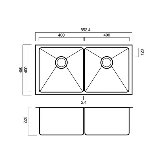 Ikon Astitine 400 x 400 + 400 x 400 Las Vegas Collection Double bowl BRIDGE-LESS