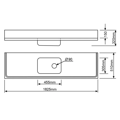 MERCER C5-500 CLASSICLINE SINK BENCH STAINLESS STEEL 500 SERIES 1825X510 CABINET MOUNT 90MM WASTE WITH OVERFLOW 304