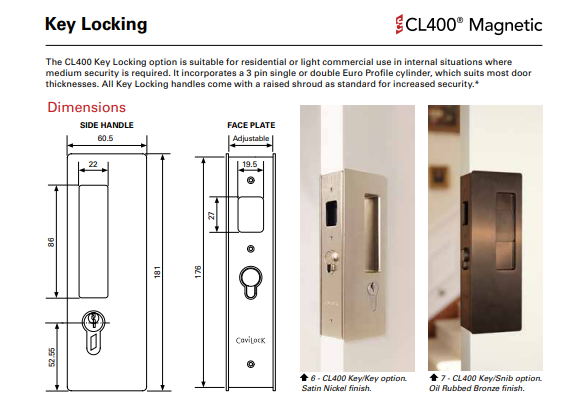 Cavity Slider for Doors CaviLock CL400 Left Handle Key Locking Right Handle Snib 52-58mm - Available in 6 Colours : Bright Chrome ,Satin Chrome, Oil Rubbed Bronze ,Satin Nickel, Matte Black ,Custom Finish