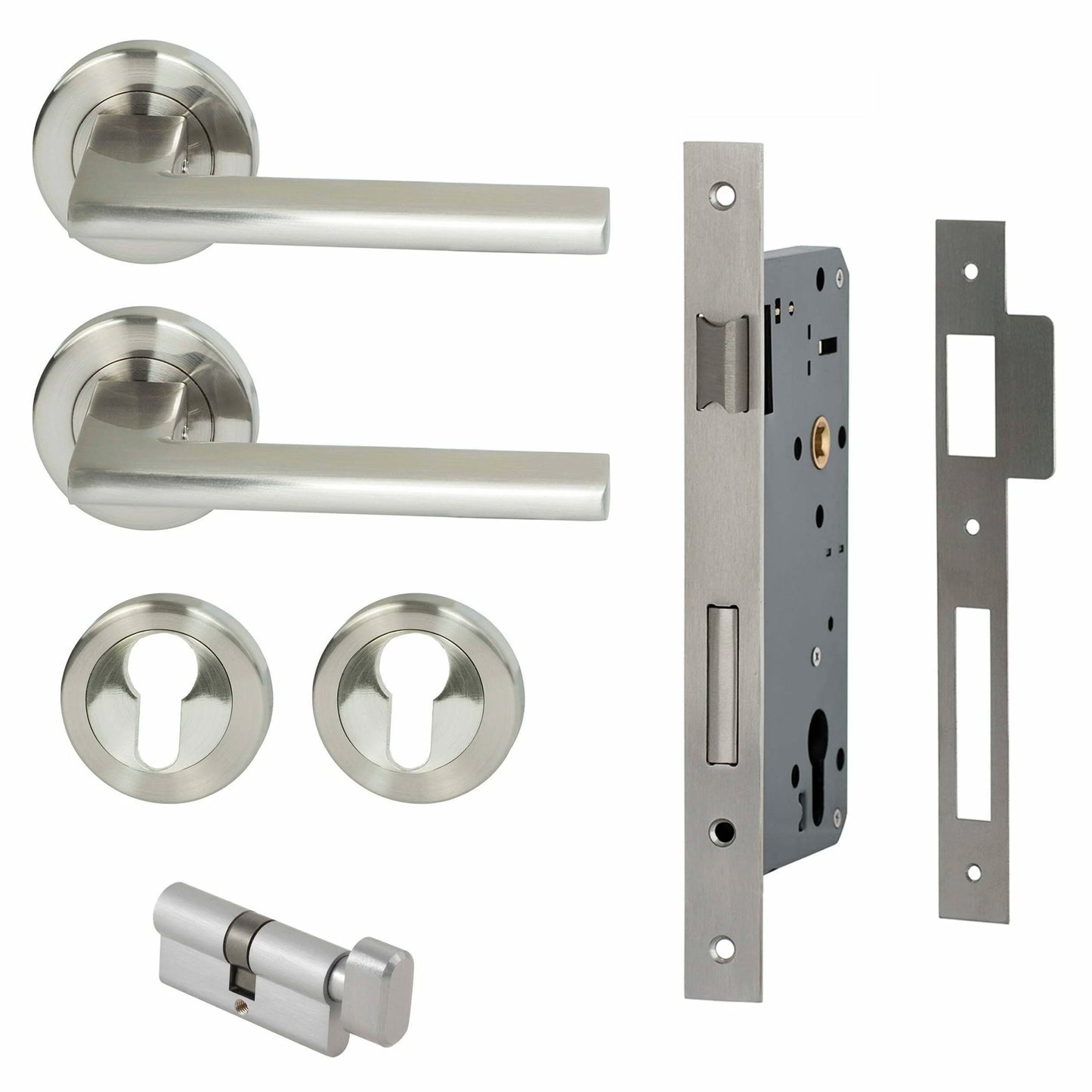MILES NELSON DOOR HANDLES MILANO RANGE SATIN NICKEL FINISH FORLI ENTRANCE SET ROUND ROSE SUPPLIED WITH 716SS MORTICE 65MM KEY AND TURN / ESCUTHONS