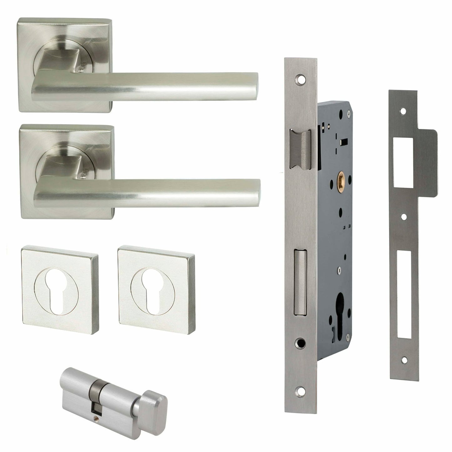 MILES NELSON DOOR HANDLES MILANO RANGE SATIN NICKEL FINISH FORLI ENTRANCE SET 55MM SQUARE ROSE SUPPLIED WITH716SS MORTICE 65MM KEY AND TURN / ESCUTHONS SQUARE