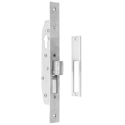 MILES NELSON COMMERCIAL NARROW STYLE DEADLOCK 22MM BACKSET - SHORT & LONG BOLT THROW - NO CYLINDER OR TURN - SATIN CHROME ON BRASS