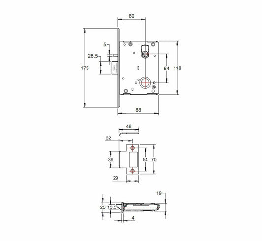 MILES NELSON COMMERCIAL 5000 SERIES WIDE BODY MORTICE DEADLATCH 60MM BACKSET - NO SPINDLE HUB DISC OR LOCKING BAR PRICED PER EACH