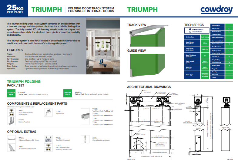 Cowdroy Triumph Folding Door Track System 22kg for Single Internal doors and components 22kg