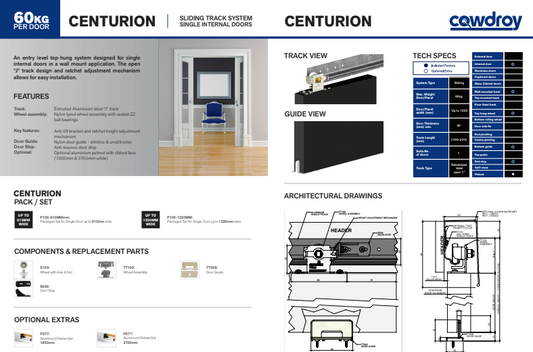 Cowdroy Centurion Sliding Track System 60kg Single for Internal Doors Track Set for One Sliding Door and components 60kg