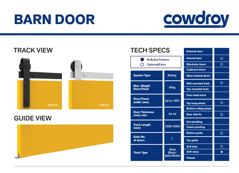 Cowdroy Barn Door Sliding Track System 90kg Single for Internal Doors Track Set for One Sliding Door and components 90kg