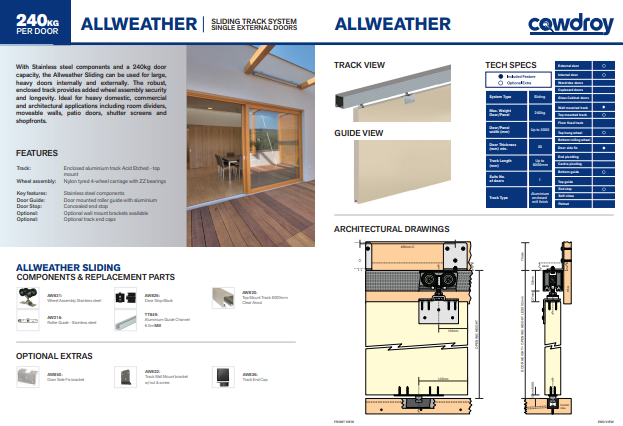Cowdroy All Weather Door Sliding Track System 240kg Single for External Doors components 240kg