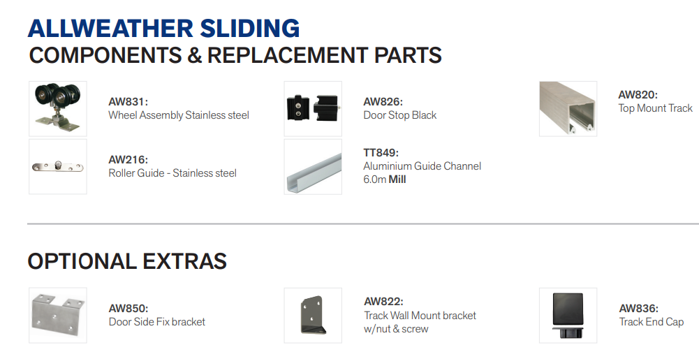 Cowdroy All Weather Door Sliding Track System 240kg Single for External Doors components 240kg