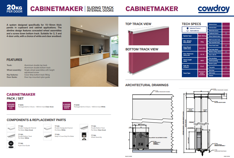 Cowdroy Cabinetmaker For 3 Sliding Doors Track Internal doors Track Set and Components 20kg - 1800mm ,4900 & 5000mm ( Anodised ,Charcoal & Gloss White )