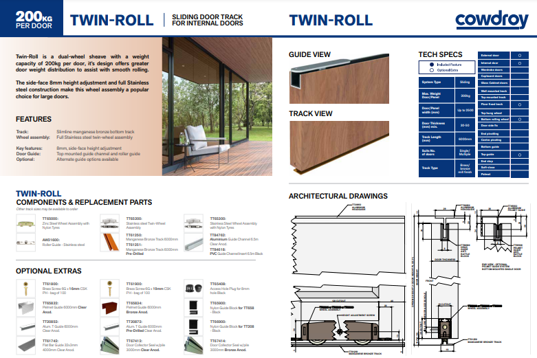 Cowdroy Twin-Roll Sliding Doors Track for Internal doors and Components 200kg - 2500mm ,3000mm ,4500mm & 6000mm (Mill ,Brass ,Bronze & Anodized)
