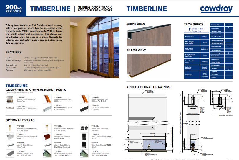 Cowdroy Timberline Sliding Doors Track for Multiple Heavy doors and Components 200kg - 2500mm ,3000mm ,3700mm ,45000mm & 6000mm ( Mill alu color ,Brass ,Bronze & Anodized )