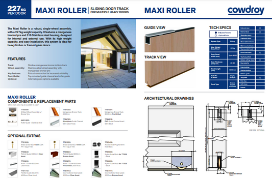 Cowdroy Maxi Roller Sliding Doors Track for Multiple Heavy doors and Components 227kg - 2500mm ,3000mm ,3700mm ,45000mm & 6000mm ( Mill alu color ,Brass ,Bronze & Anodized )