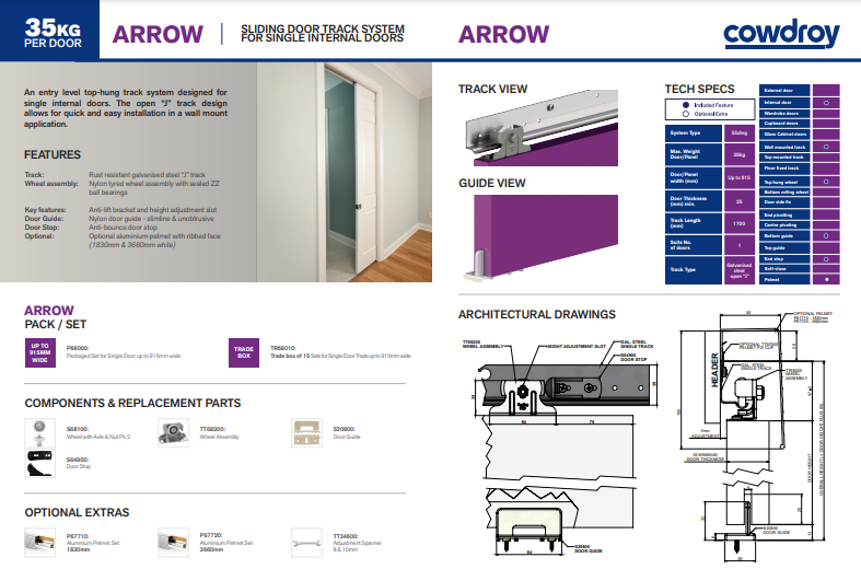 Cowdroy Arrow Sliding Track System 35kg Single for Internal Doors Track Set for One Sliding Door and components 35kg