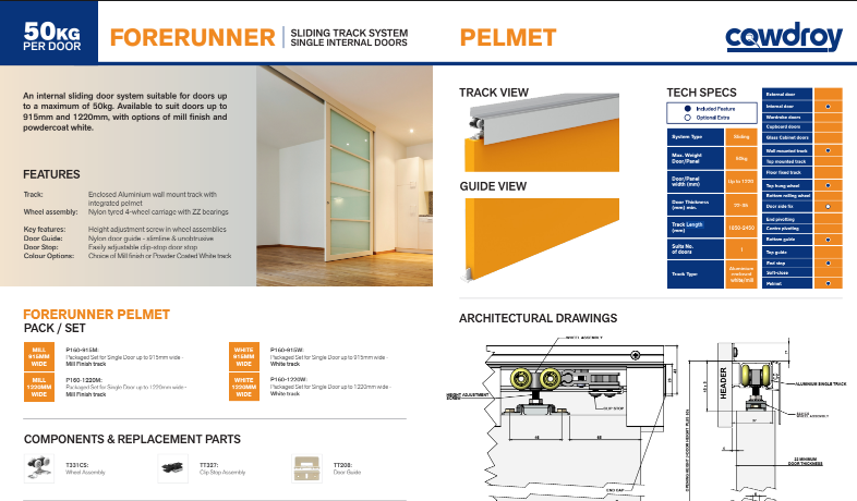 Cowdroy Forerunner Sliding Track System 50kg Single for Internal Doors Track Set for One Sliding Door and components 50kg