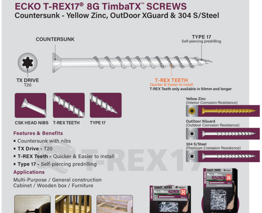 Ecko Timba TX Screw Yellow Zinc T-REX17 10G-50,65,75,90,100mm Pack 300