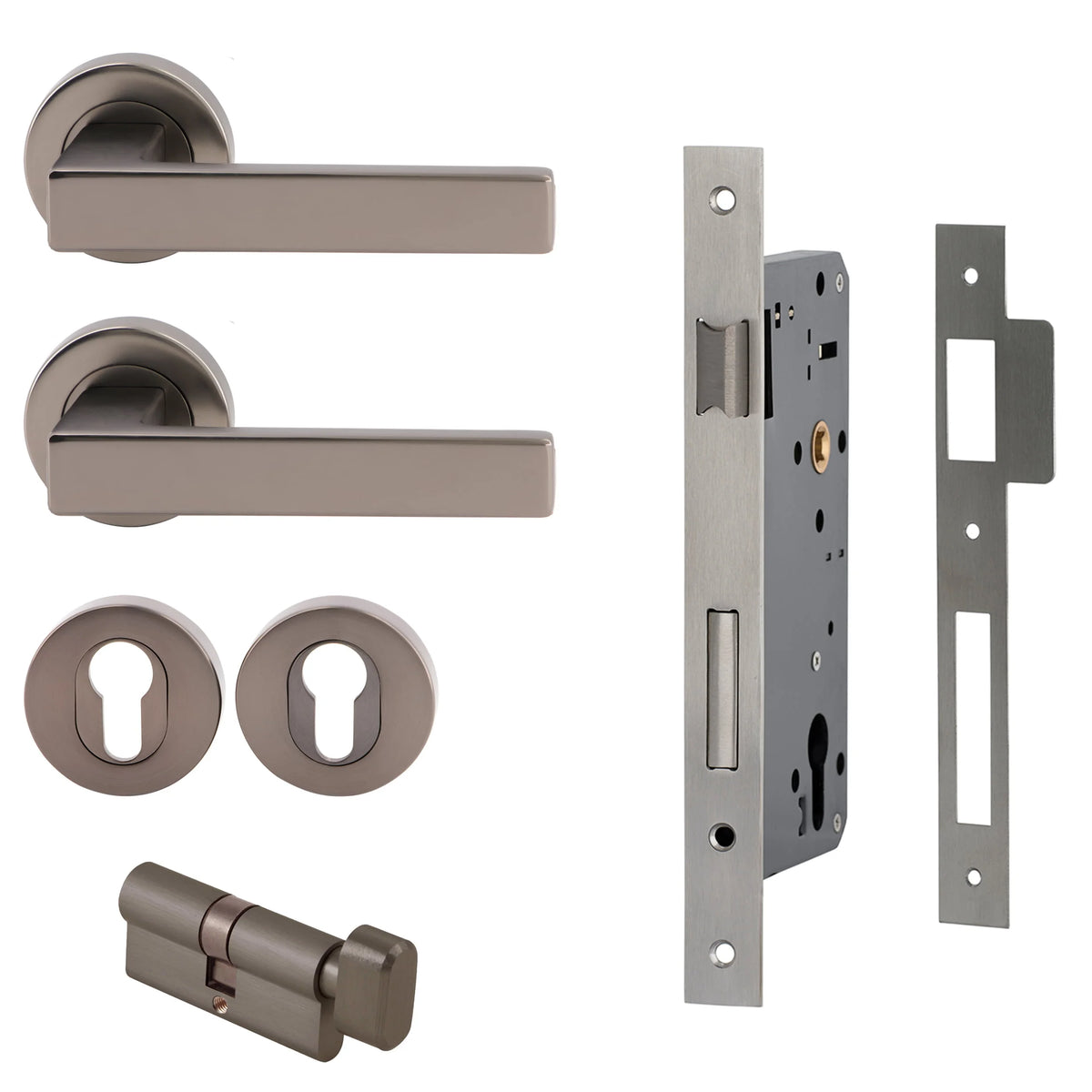 MILES NELSON DOOR HANDLES MILANO RANGE VERONA ENTRANCE SET ROUND ROSE SUPPLIED WITH 716SS MORTICE 65MM KEY AND TURN / ESCUTHONS - SATIN NICKEL,MATT BLACK,SATIN GRAPHITE