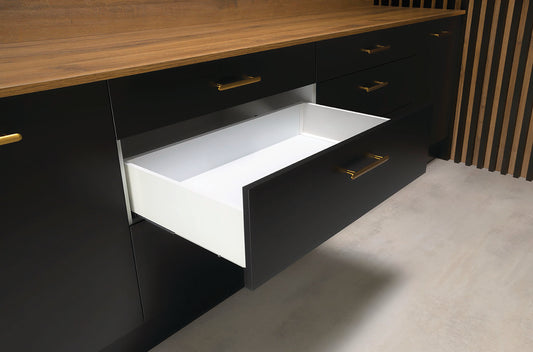 Slimline Drawer Set, Depth 500mm, 550mm x Height 84mm, 135mm, 199mm. Screw On 35 Kg - Matt White
