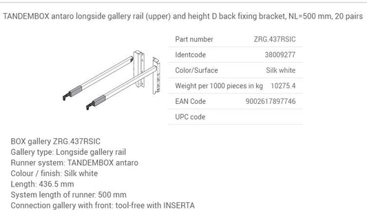 Blum TANDEMBOX antaro longside gallery rail (upper) and height D back fixing bracket, NL=500 mm, 20 pairs x 500 ,550mm ( length 2 option ) back brackets & gallery rails)