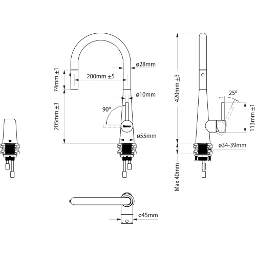 MERCER AM092 COLOGNE GOOSENECK PULLOUT SPRAY MIXER BLACK PVD