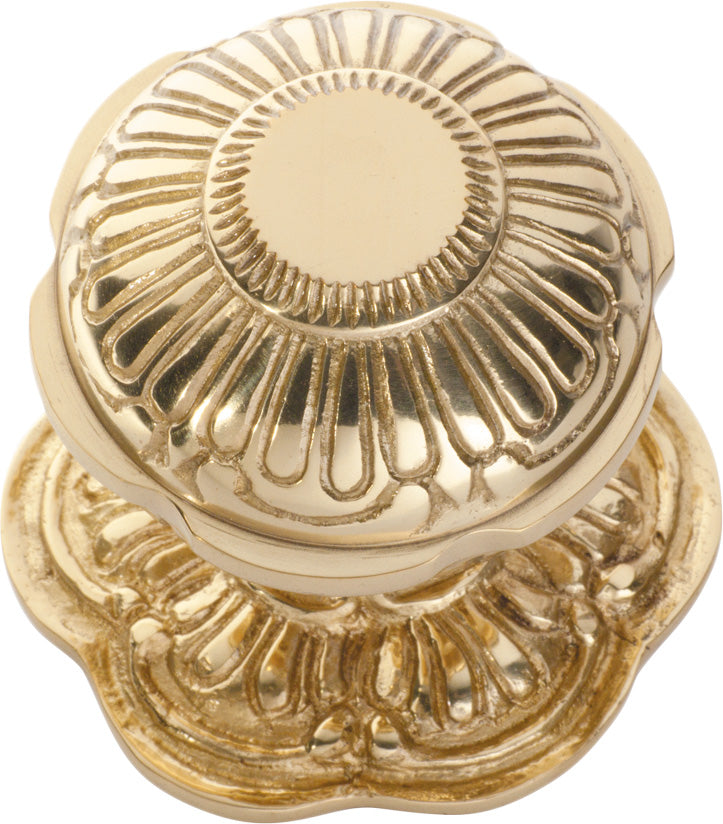 Centre Door Knob Ornate Polished Brass P73mm Backplate 80mm