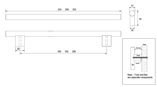 Kethy Eibar Handle 12mm Stainless Steel 224mm with C to C 160mm Graphite Powder Coat#3 ,Black Powder Coat Matt#8 & White Powder Coat#3