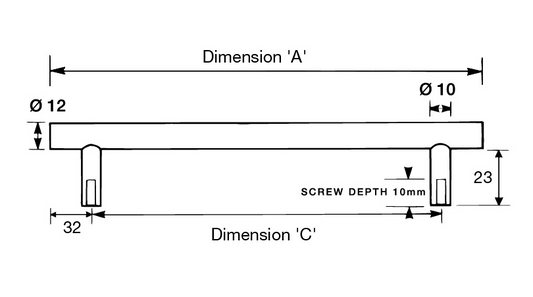 Kethy Arlon Rail Handle Steel with Brass Feet Polished Chrome 160mm Long C to C Available In 3 Sizes : 96mm ,128mm ,224mm