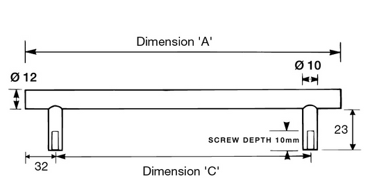 Kethy Bazel 12mm Stainless Steel Rail Handle with C to C Available In 5 Sizes : 288mm x 224mm ,352mm x 288mm,400mm x 336mm , 600mm x 536mm ,700mm x 636mm