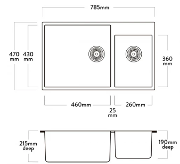 MERCER DURO GRANITE  ( MILAN, PISTOIA, FLORENCE ) BOWL 1 & 3/4 (ON RIGHT)  BLACK . CONCRETE & WHITE.