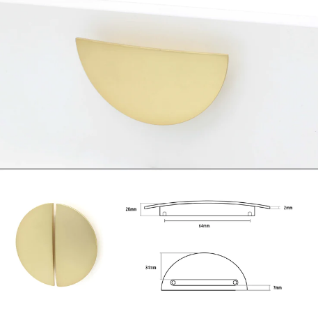 ELITE LUNA 1/2 ( HALF ) MOON HANDLE HOLE CENTRE 64MM ( LENGTH 98MM x HEIGHT 20MM x THIKNESS 2MM ) - AVAILABLE IN 3 COLOURS : BRUSHED NICKEL MATT ,BRUSHED GOLD SATIN BLACK,