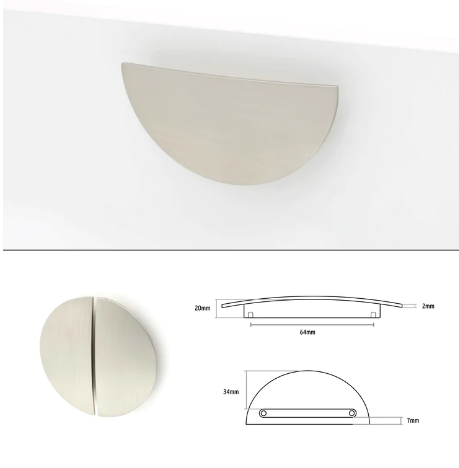 ELITE LUNA 1/2 ( HALF ) MOON HANDLE HOLE CENTRE 64MM ( LENGTH 98MM x HEIGHT 20MM x THIKNESS 2MM ) - AVAILABLE IN 3 COLOURS : BRUSHED NICKEL MATT ,BRUSHED GOLD SATIN BLACK,