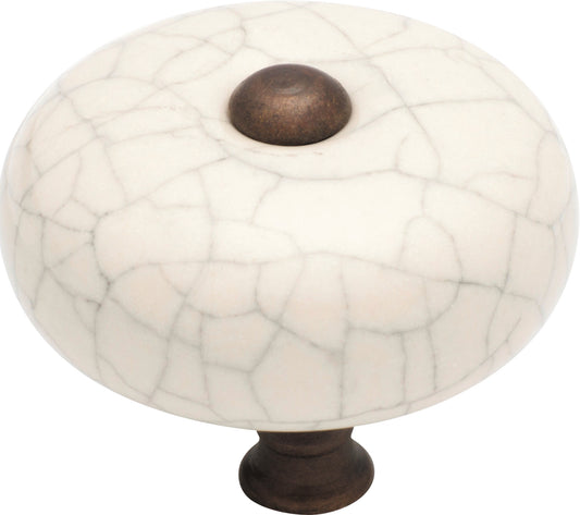 Cupboard Knob Crazed Ivory Porcelain Round Antique Brass D38xP32mm