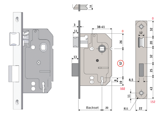 Sylvan 3 Lever Mortice Lock 2.5" & 3" Keyed Alike Nickel plate. & Polished brass