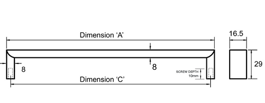 Kethy Latina D Handle 16.5mm Flat Top Polished Stainless Steel Handle C to C Available In 4 Sizes : 400mm x 393mm ,500mm x 493mm ,600mm x 593mm ,700mm x 693mm