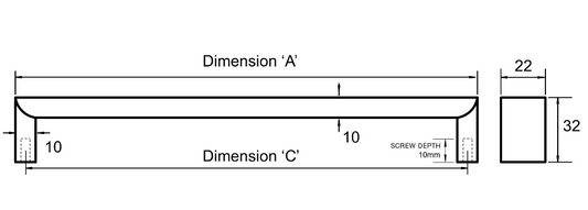 Kethy Roma D Handle 22mm Flat Top Polished Stainless Steel Handle C to C Available In 5 Sizes : 400mm x 390mm ,500mm x 490mm ,600mm x 590mm ,700mm x 690mm ,800mm x 790mm