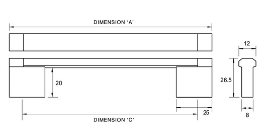 Kethy Tasman Stainless D Handle 12mm Two Tone Top Stainless Steel C to C Available In 4 Sizes : 288mm ,384mm ,480mm ,608mm