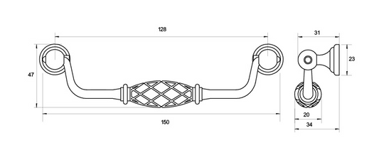 Kethy Bingley Drop D Handle Basket Centre 128mm C to C Antique Black