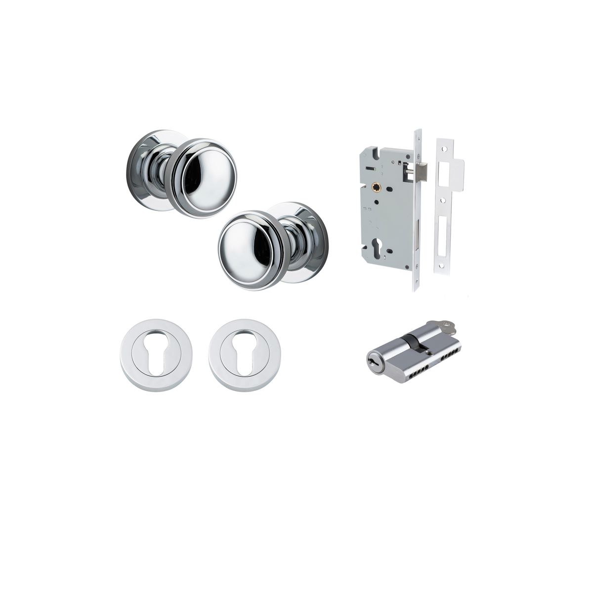 Iver Paddington  Door Knob Round Rose Concealed Fix Pair, Passage Kit, Privacy Kit , Entrance Kit with High Security Lock - Polished Chrome