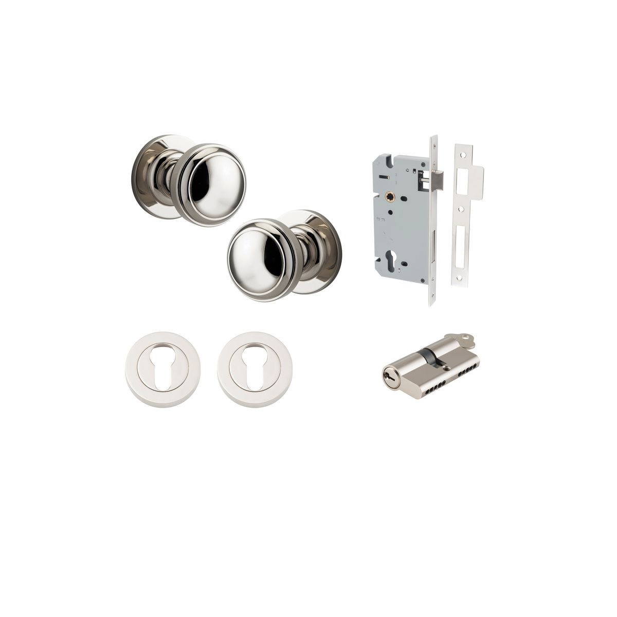 Iver Paddington  Door Knob Round Rose Concealed Fix Pair, Passage Kit, Privacy Kit , Entrance Kit with High Security Lock - Polished Nickel